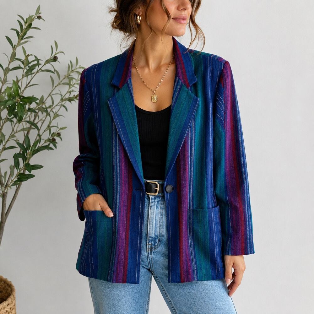 D.K. Gold Blue Purple Striped Wool Blend Blazer Jacket Sz 10